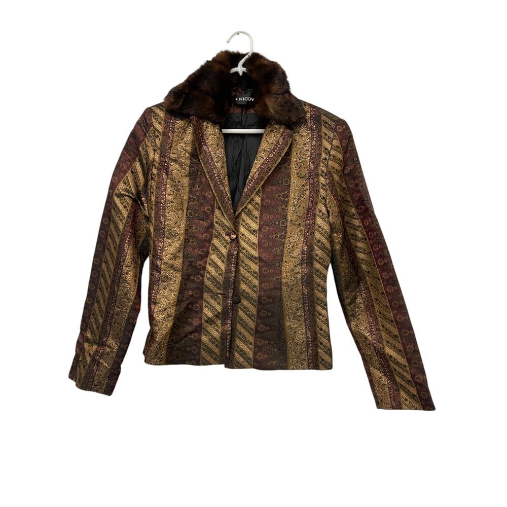 Nicowa Blazer Womens 36 Multicolor Printed Faux Fur Collar Vintage 90s Jacket